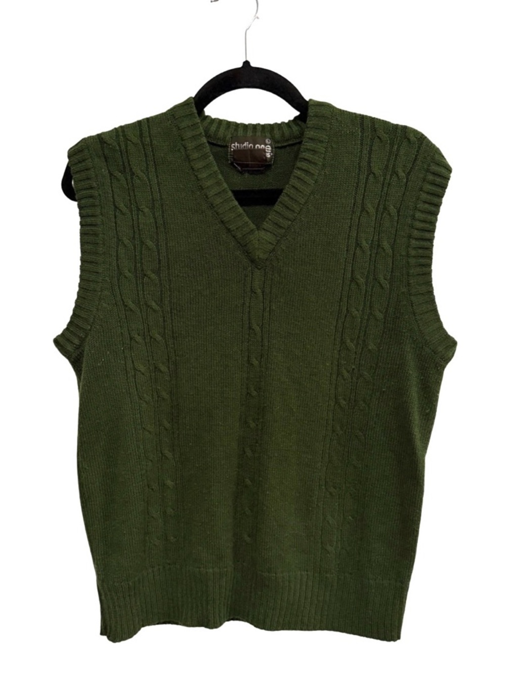 Studio One Dark Olive Cable Knit V-Neck Sweater Vest